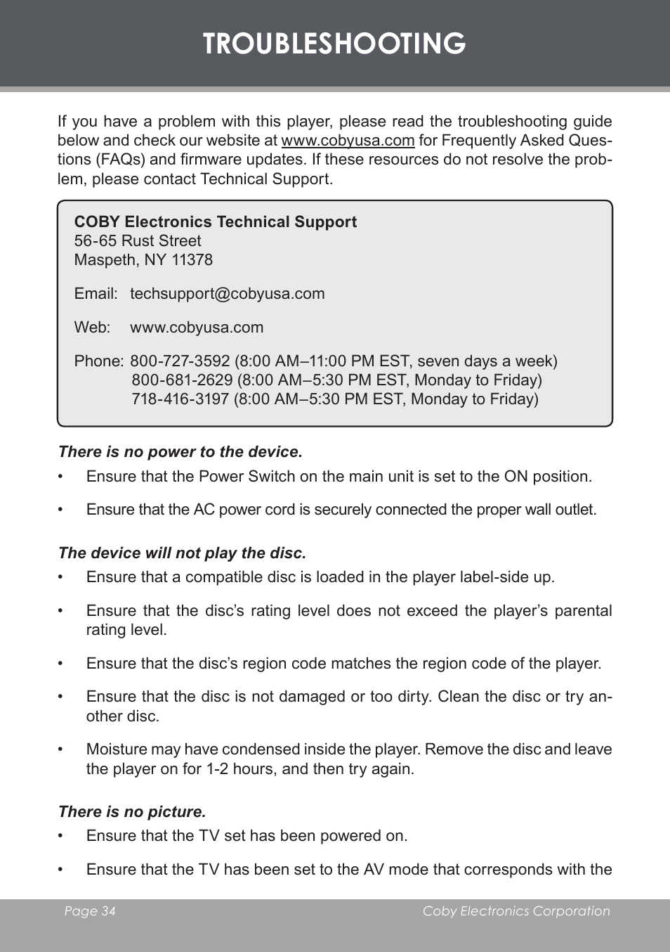 Troubleshooting | COBY electronic DVD-53 User Manual | Page 34 / 40