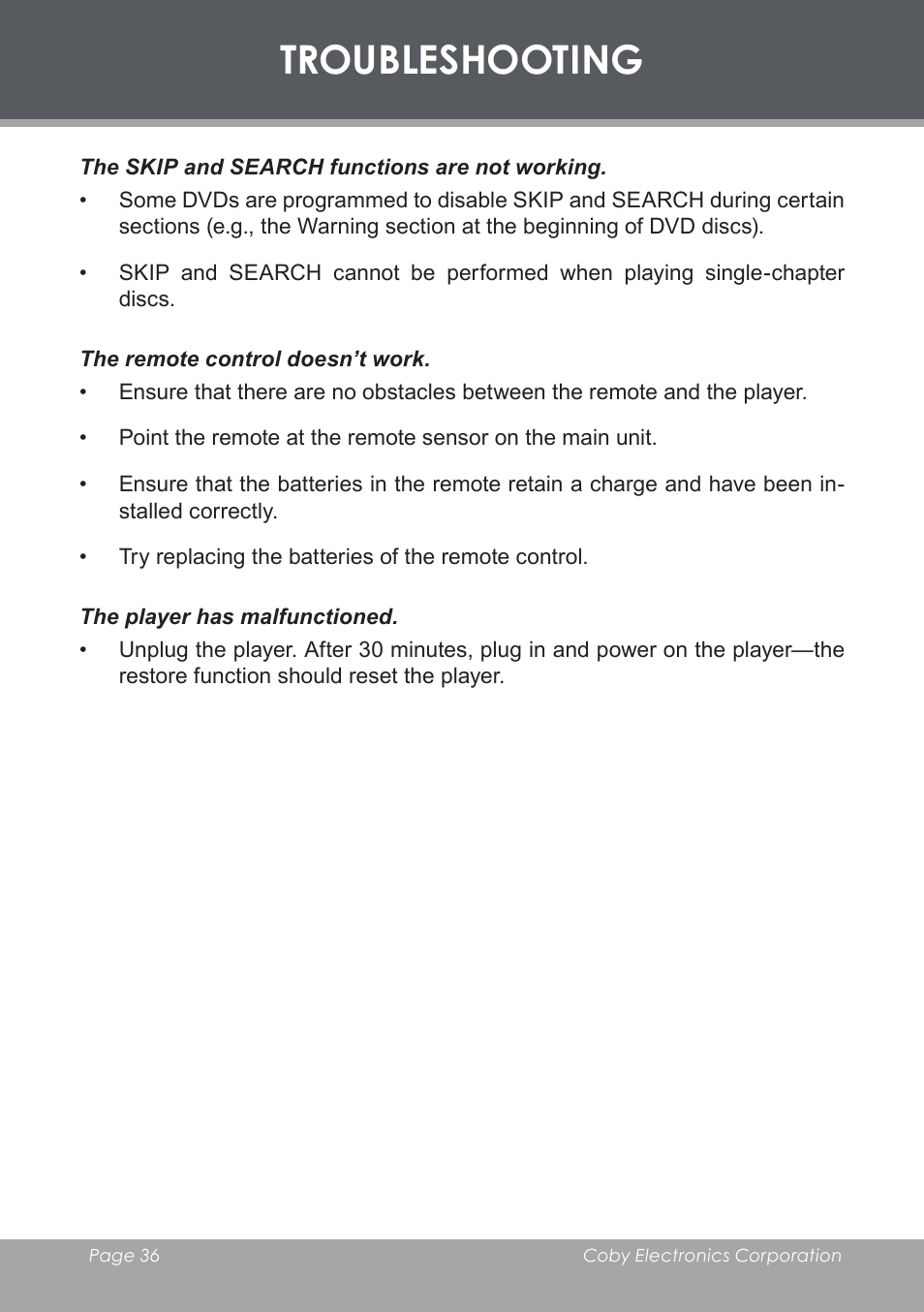 Troubleshooting | COBY electronic DVD-53 User Manual | Page 36 / 40