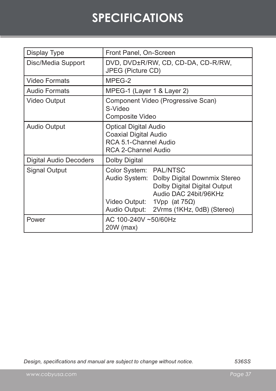 Specifications | COBY electronic DVD-53 User Manual | Page 37 / 40