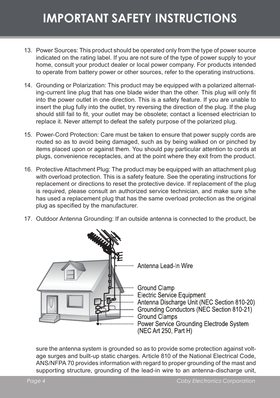 Important safety instructions | COBY electronic DVD-53 User Manual | Page 4 / 40