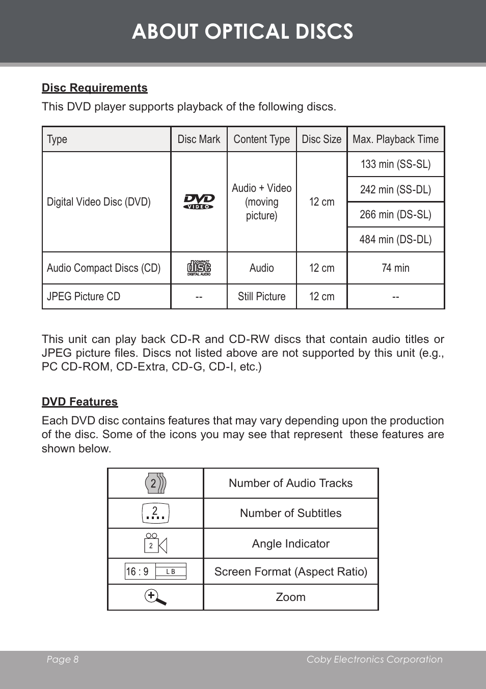 About optical discs, Disc requirements, Dvd features | COBY electronic DVD-53 User Manual | Page 8 / 40