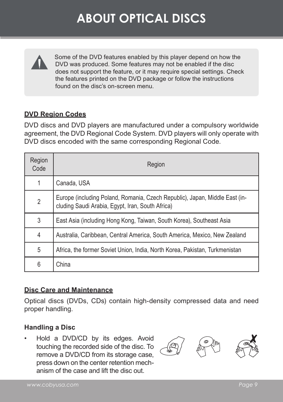 Dvd region codes, Disc care and maintenance, Handling a disc | About optical discs | COBY electronic DVD-53 User Manual | Page 9 / 40