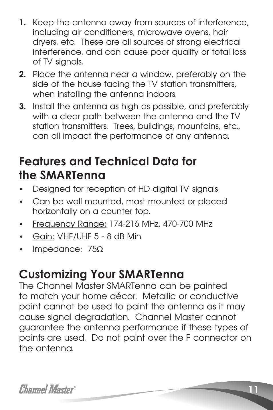 Features and technical data for the smartenna, Customizing your smartenna | Channel Master SMARTenna (3000HD) User Manual | Page 13 / 40