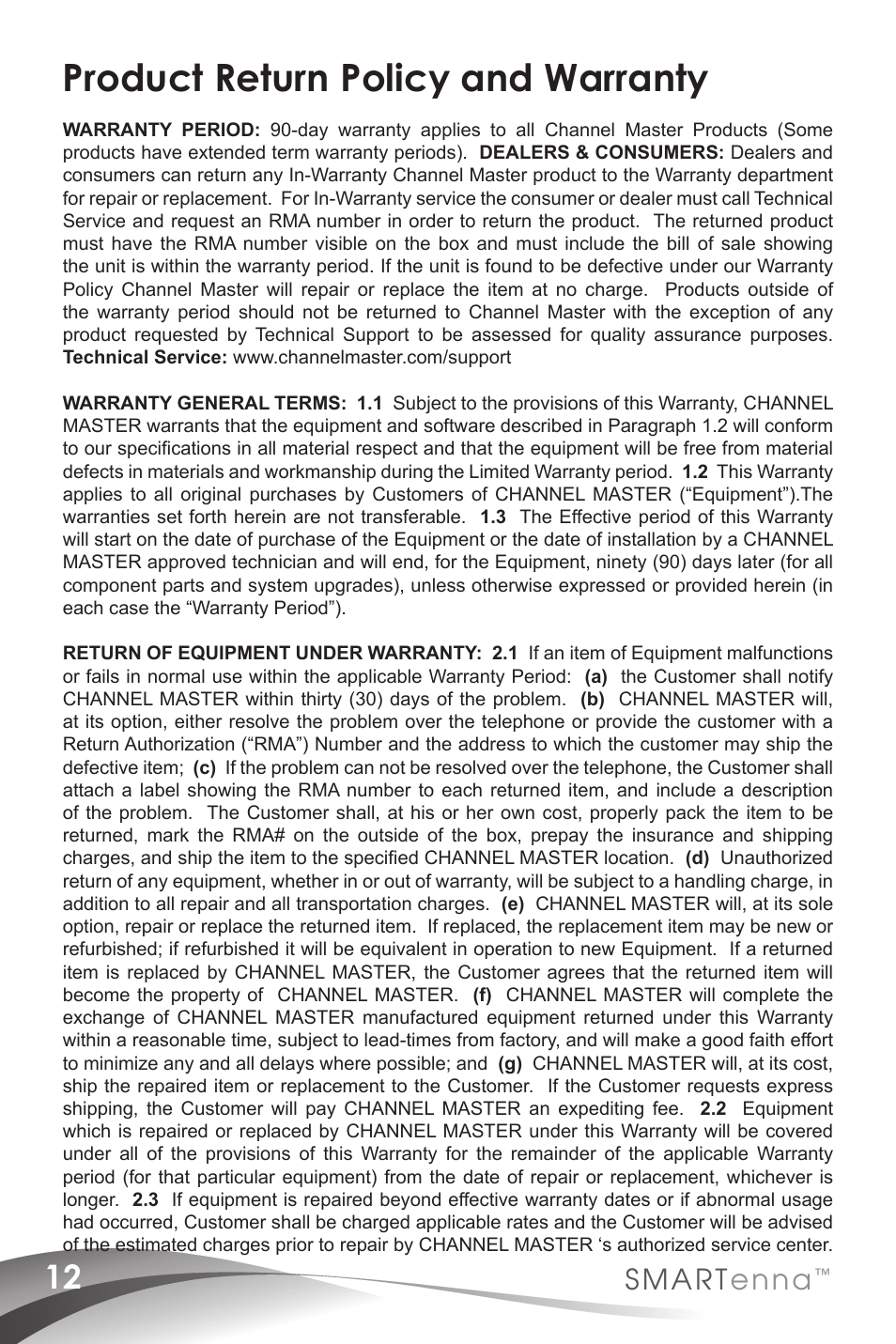 Product return policy and warranty, Smart enna | Channel Master SMARTenna (3000HD) User Manual | Page 14 / 40