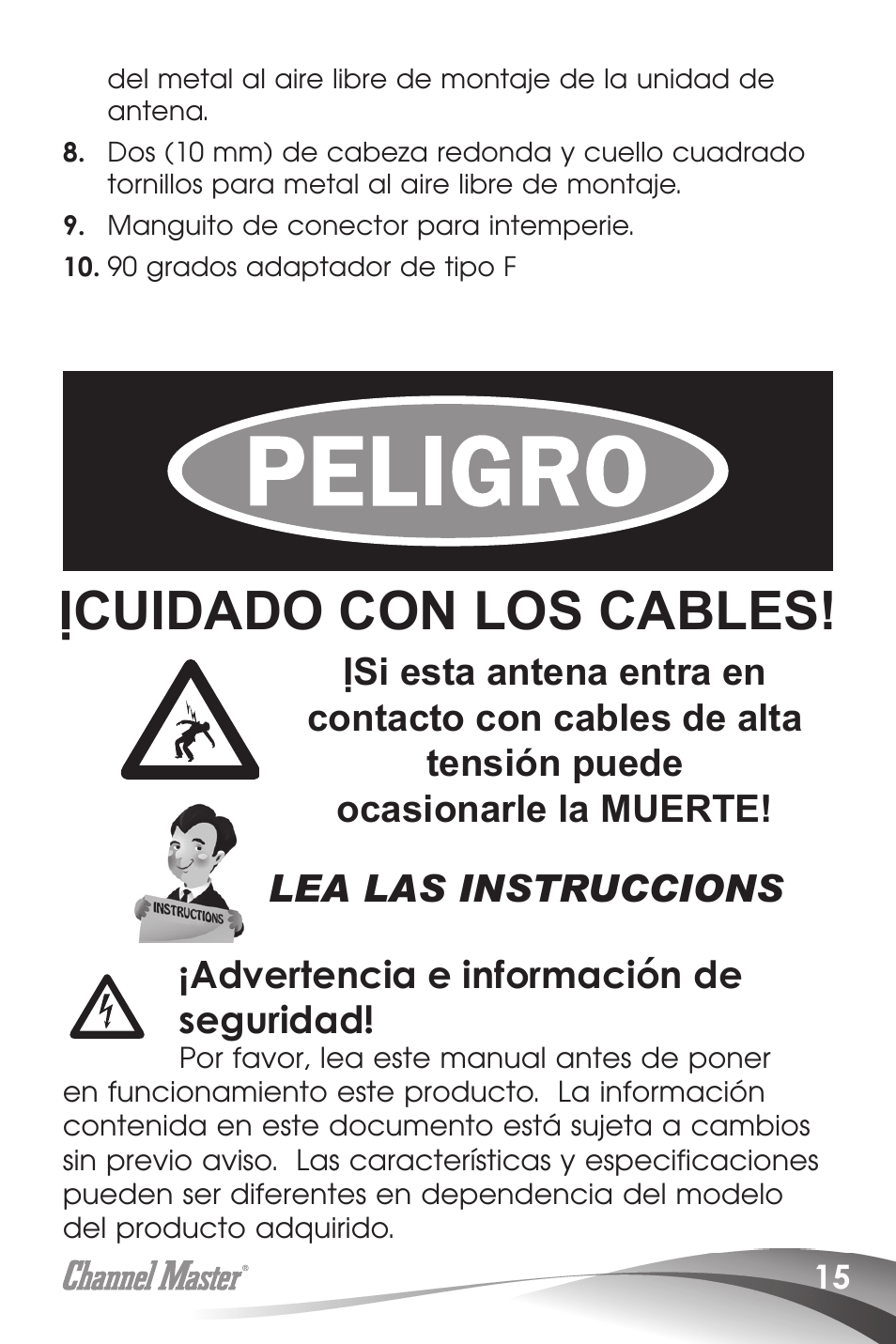 Ịcuidado con los cables, Advertencia e información de seguridad | Channel Master SMARTenna (3000HD) User Manual | Page 17 / 40