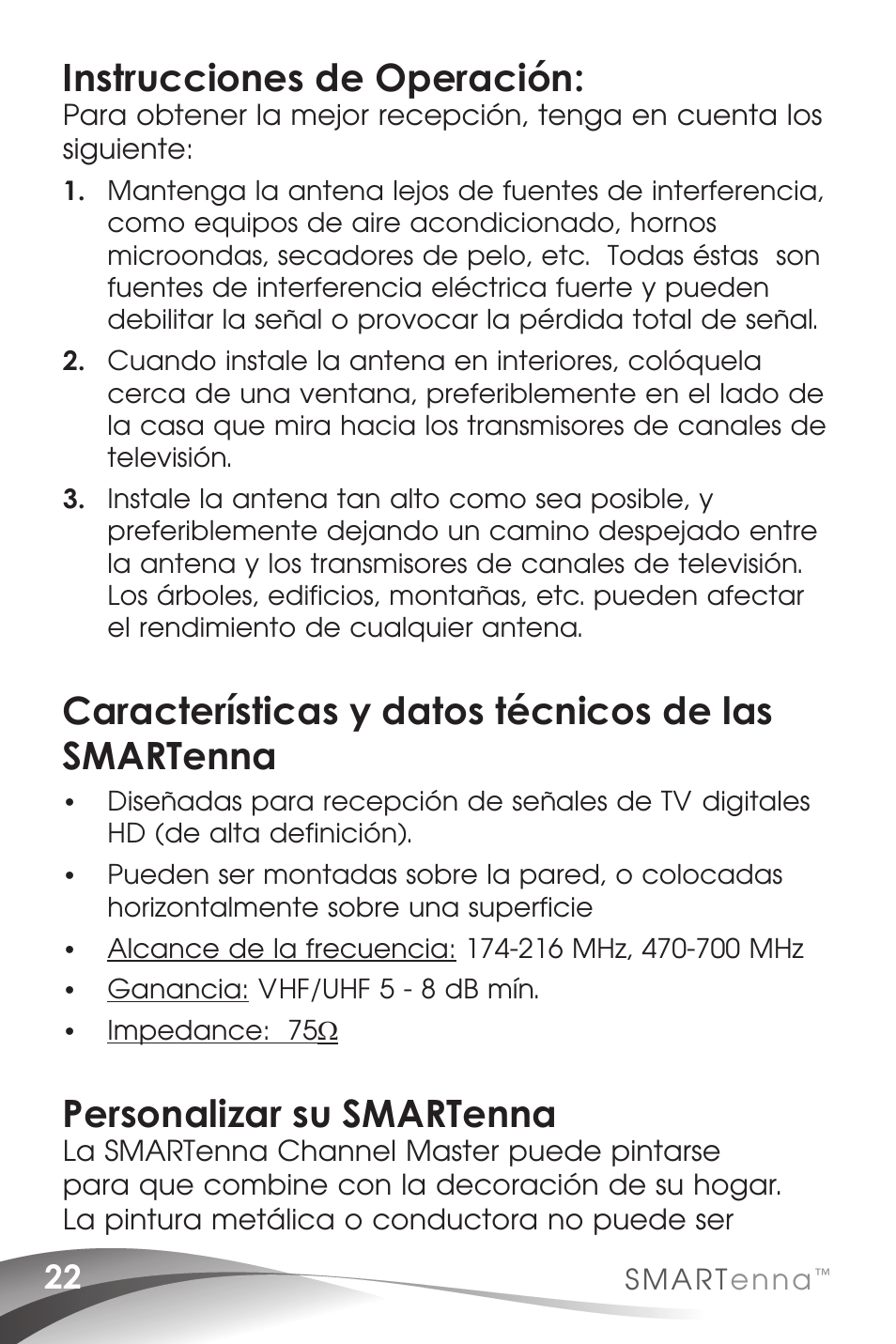 Instrucciones de operación, Características y datos técnicos de las smartenna, Personalizar su smartenna | Channel Master SMARTenna (3000HD) User Manual | Page 24 / 40