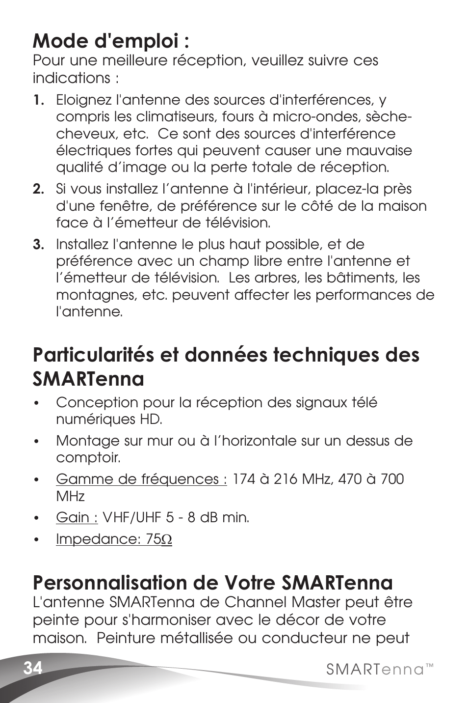 Mode d'emploi, Particularités et données techniques des smartenna, Personnalisation de votre smartenna | Channel Master SMARTenna (3000HD) User Manual | Page 36 / 40