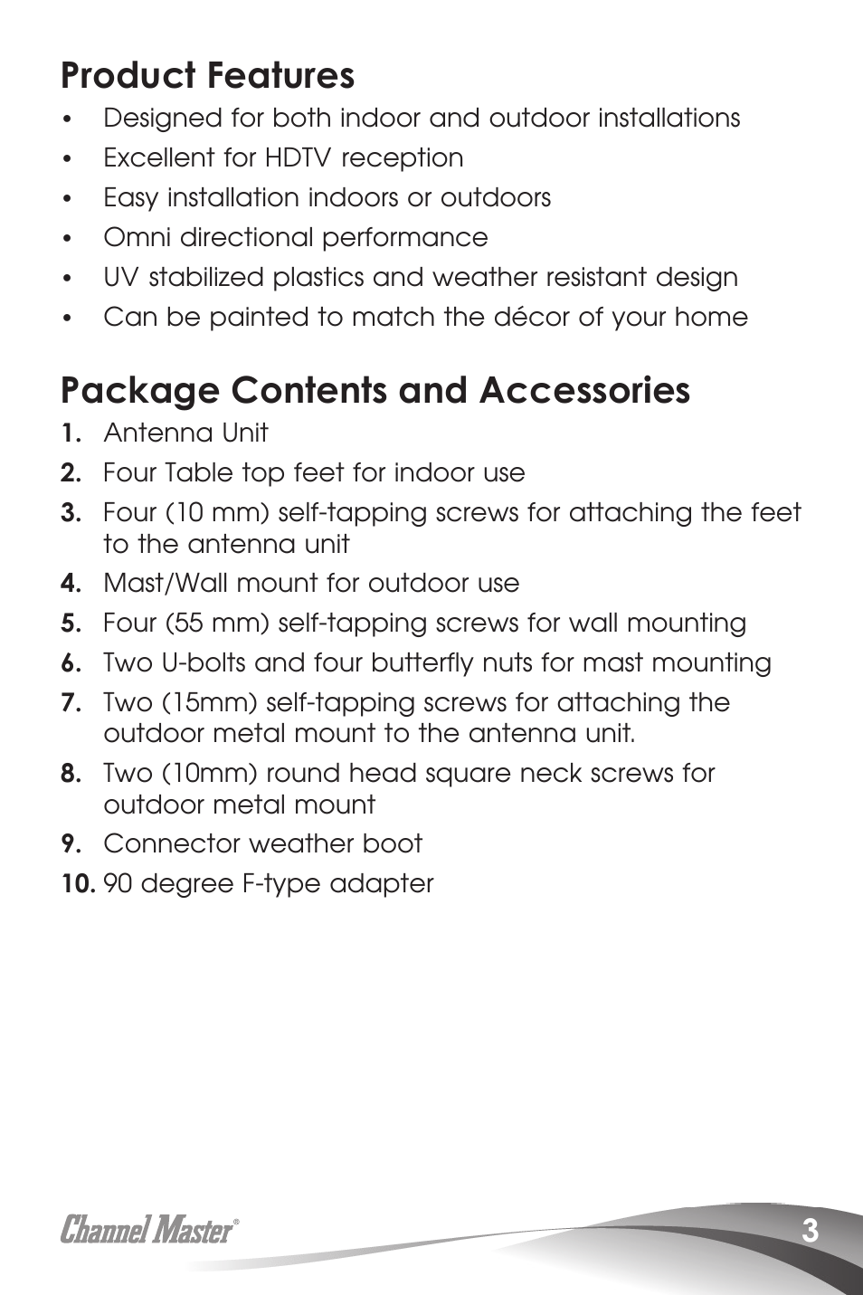 Product features, Package contents and accessories | Channel Master SMARTenna (3000HD) User Manual | Page 5 / 40