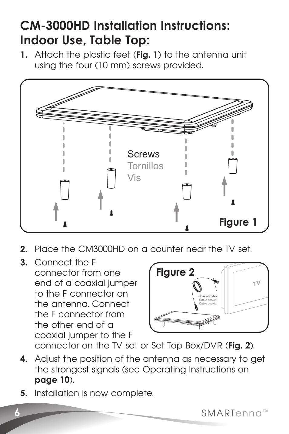 Figure 1, Figure 2, Screws tornillos vis | Channel Master SMARTenna (3000HD) User Manual | Page 8 / 40