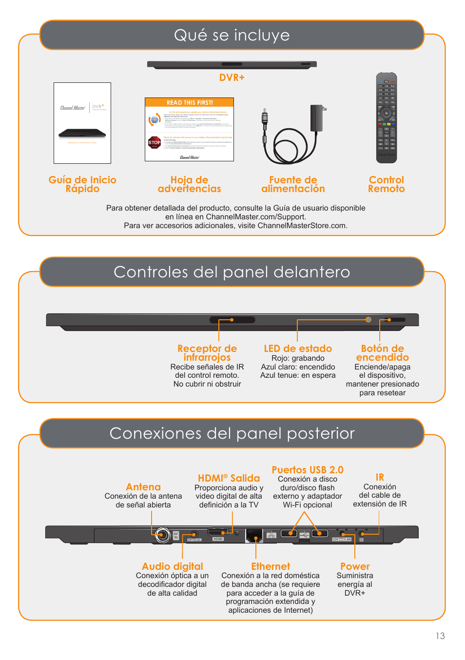 Qué se incluye conexiones del panel posterior, Controles del panel delantero | Channel Master DVR+ (7500GB16) User Manual | Page 17 / 40