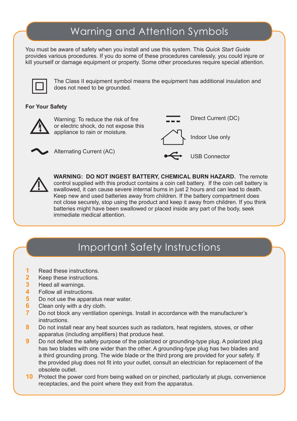 Important safety instructions, Warning and attention symbols | Channel Master DVR+ (7500GB16) User Manual | Page 2 / 40