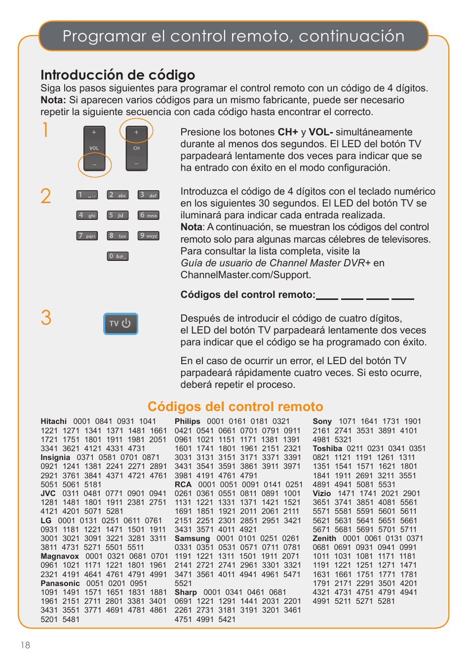 Programar el control remoto, continuación, Introducción de código, Códigos del control remoto | Channel Master DVR+ (7500GB16) User Manual | Page 22 / 40