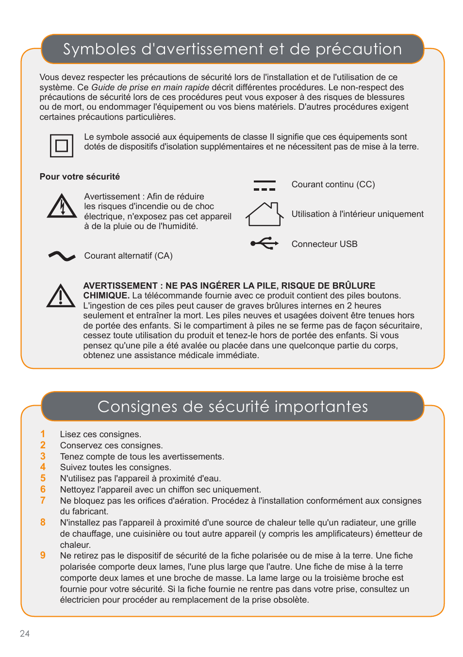 Consignes de sécurité importantes, Symboles d'avertissement et de précaution | Channel Master DVR+ (7500GB16) User Manual | Page 28 / 40