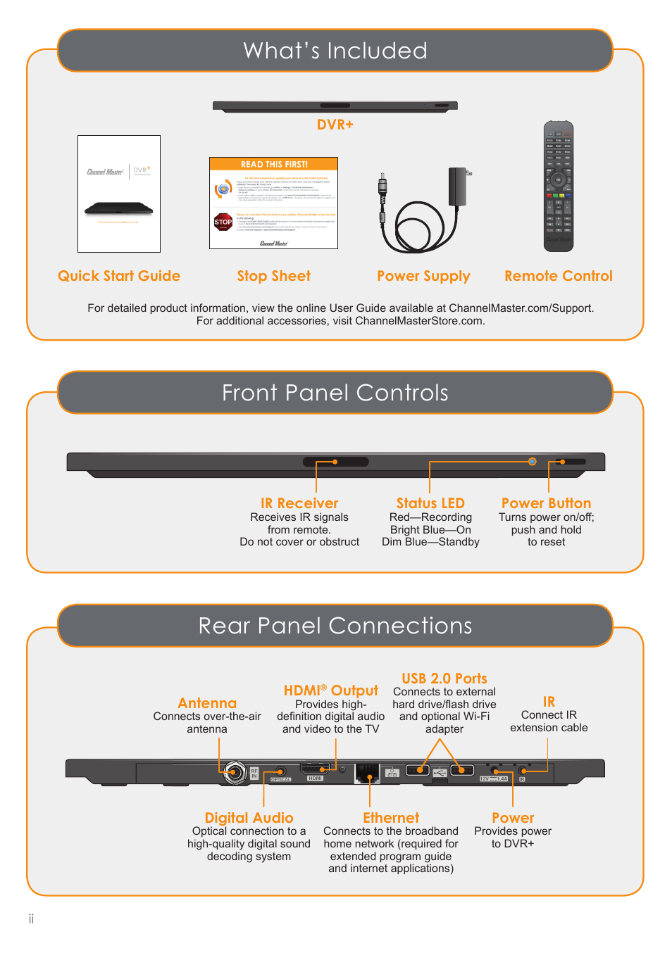 What’s included rear panel connections, Front panel controls | Channel Master DVR+ (7500GB16) User Manual | Page 4 / 40