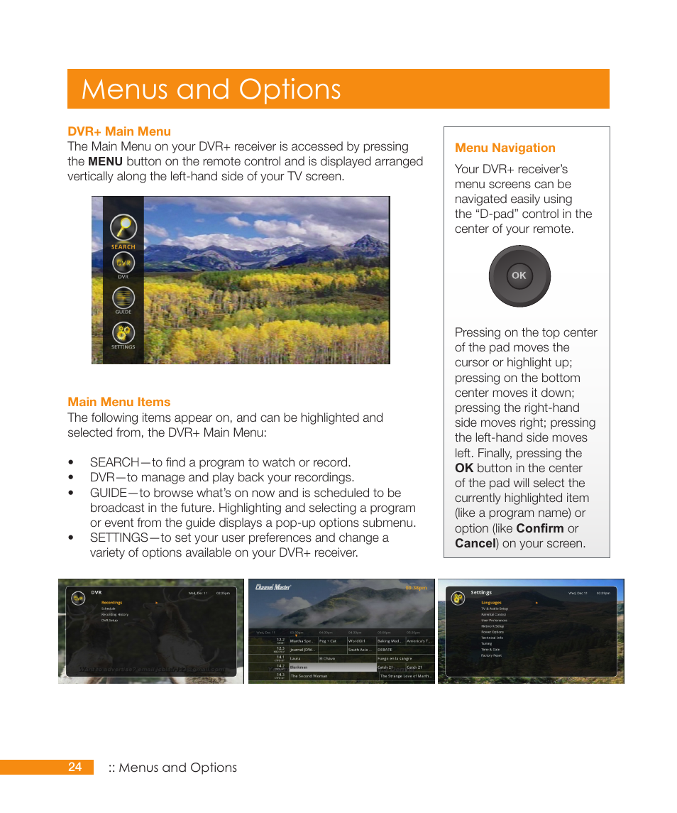 Menus and options | Channel Master DVR+ (7500GB16) User Manual | Page 30 / 48