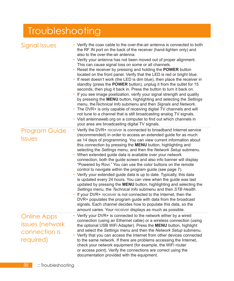 Troubleshooting, Signal issues | Channel Master DVR+ (7500GB16) User Manual | Page 38 / 48