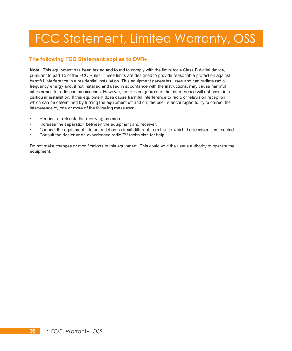 Fcc statement, limited warranty, oss | Channel Master DVR+ (7500GB16) User Manual | Page 42 / 48