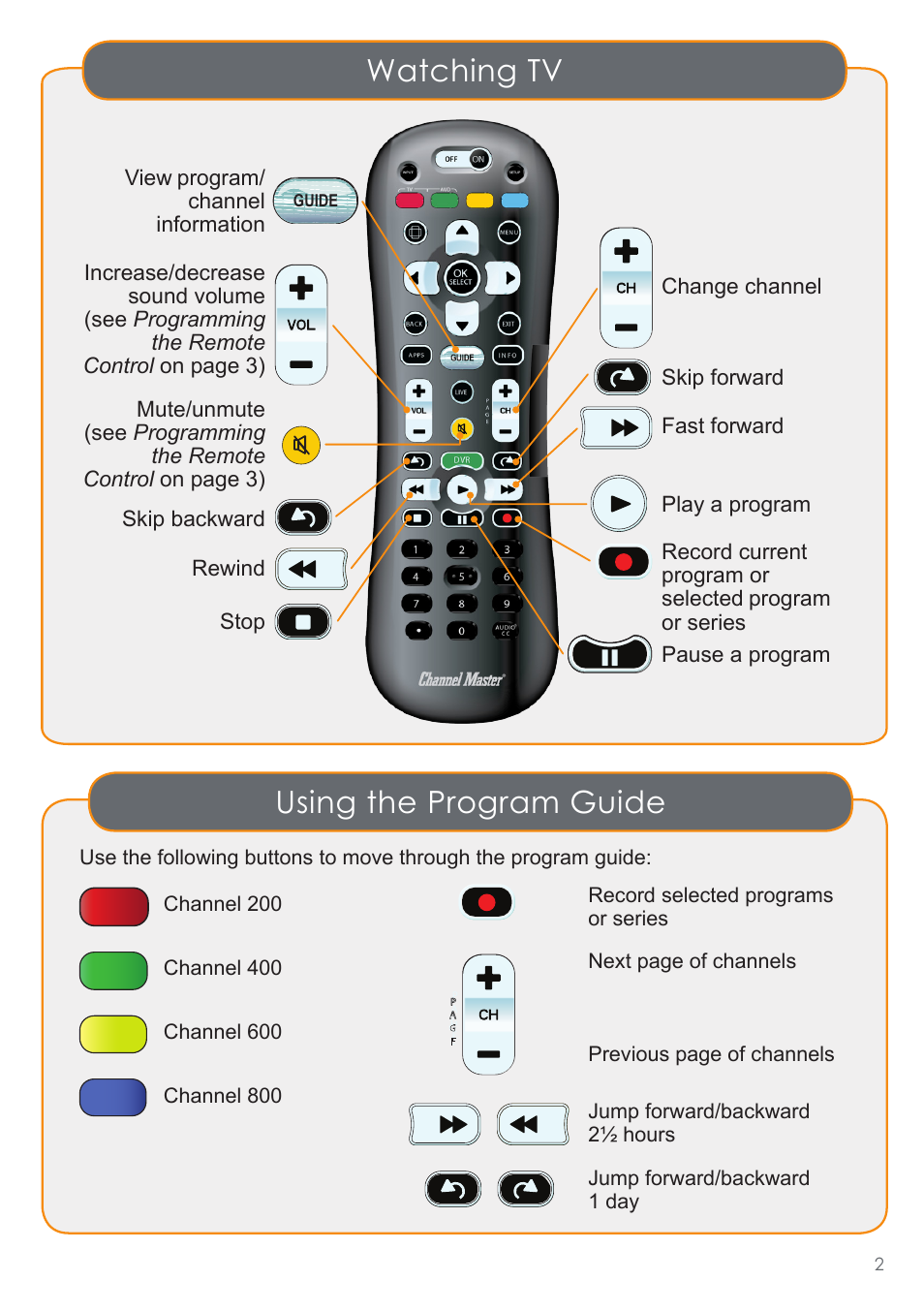 Watching tv using the program guide | Channel Master Enhanced DVR+ Remote (7500XRC2) User Manual | Page 2 / 6