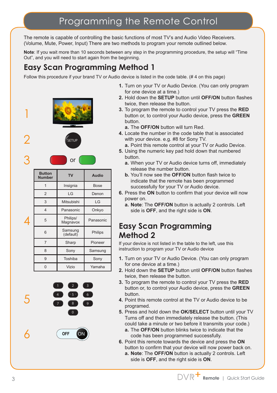 Programming the remote control, Easy scan programming method 1, Easy scan programming method 2 | Channel Master Enhanced DVR+ Remote (7500XRC2) User Manual | Page 3 / 6