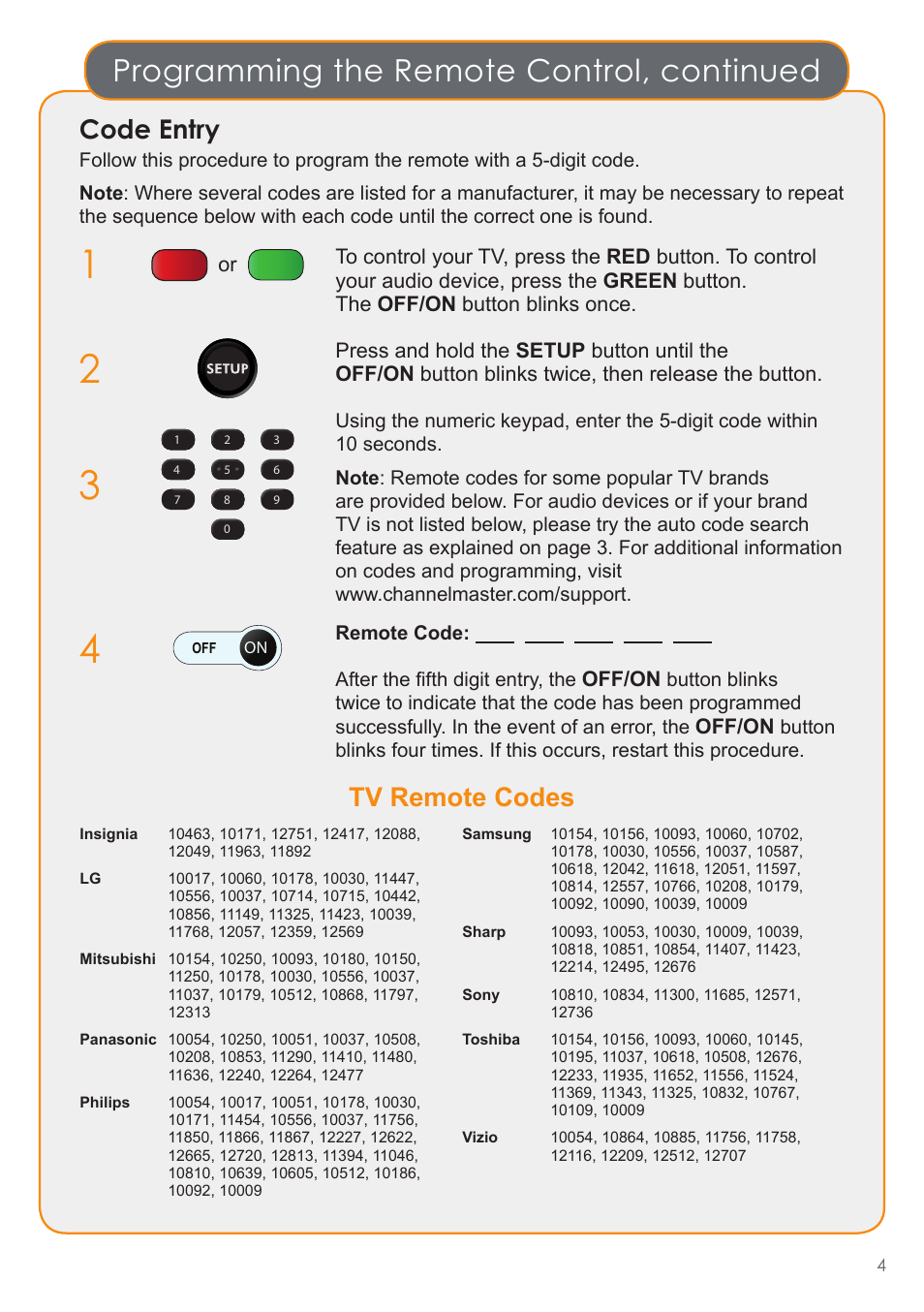 Programming the remote control, continued, Code entry, Tv remote codes | Off/on | Channel Master Enhanced DVR+ Remote (7500XRC2) User Manual | Page 4 / 6