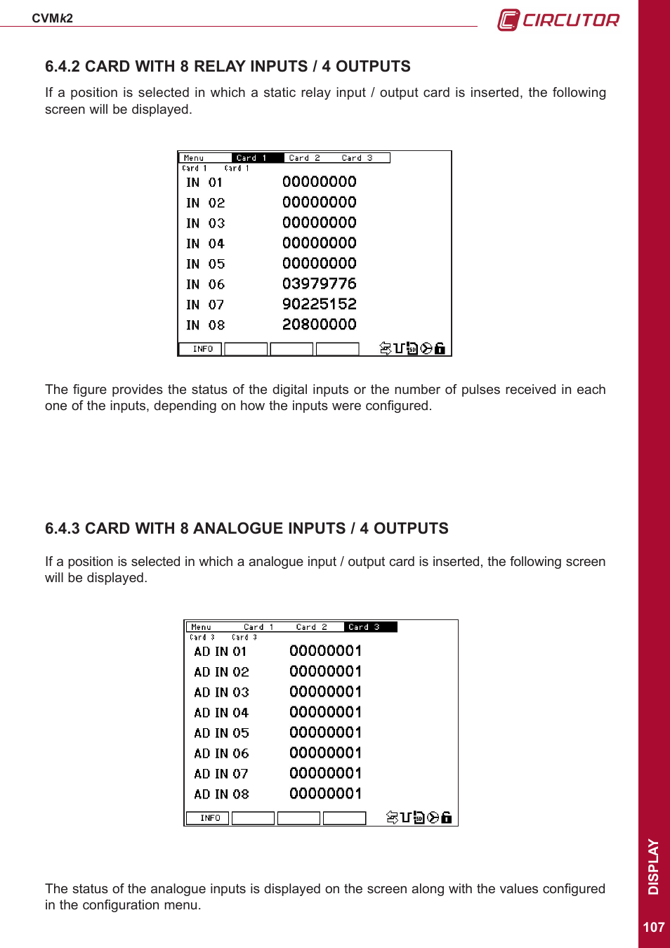 2 card with 8 relay inputs / 4 outputs, 3 card with 8 analogue inputs / 4 outputs | CIRCUTOR CVMk2 Series User Manual | Page 107 / 152
