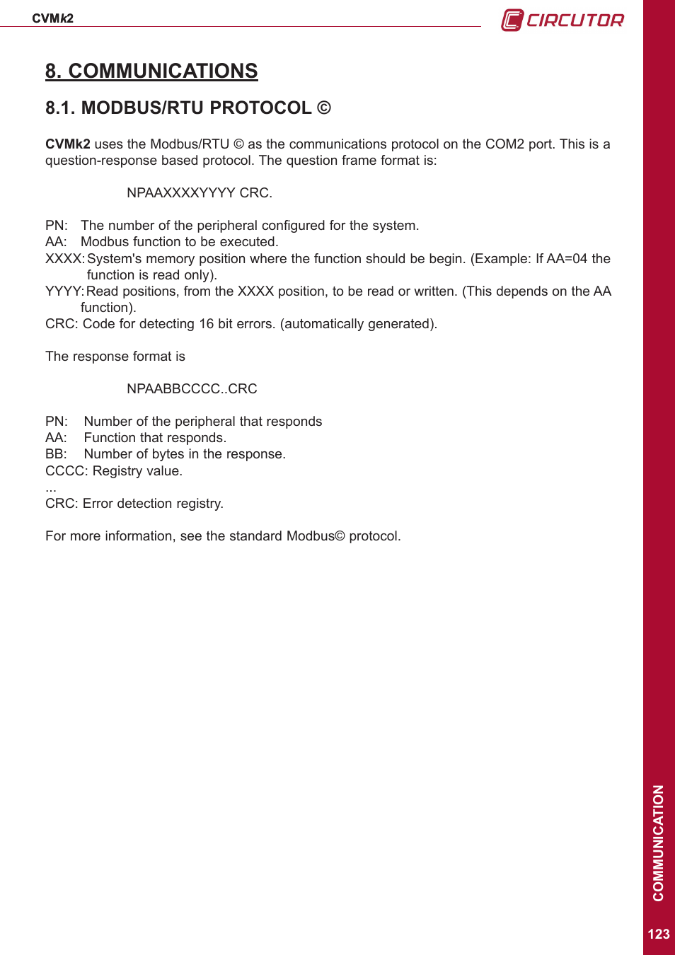 Communications, Modbus/rtu protocol | CIRCUTOR CVMk2 Series User Manual | Page 123 / 152