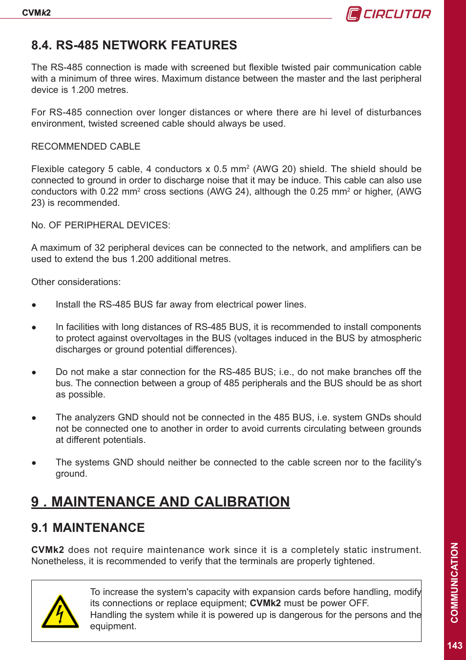 Rs-485 network features, 9 . maintenance and calibration, 1 maintenance | CIRCUTOR CVMk2 Series User Manual | Page 143 / 152