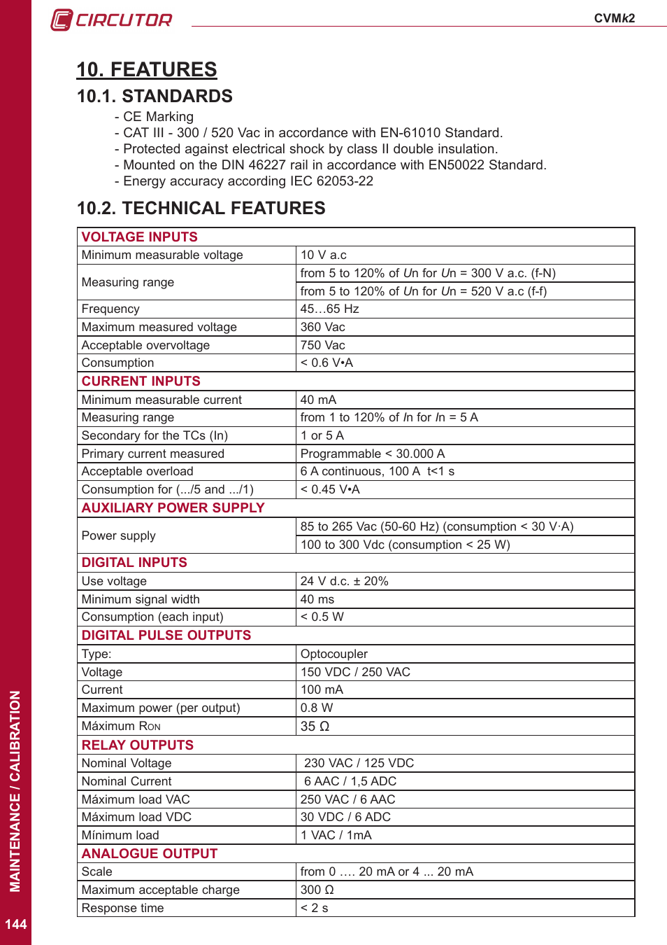 Features, Standards, Technical features | Standards 10.2. technical features, Technical features 10.1. standards | CIRCUTOR CVMk2 Series User Manual | Page 144 / 152