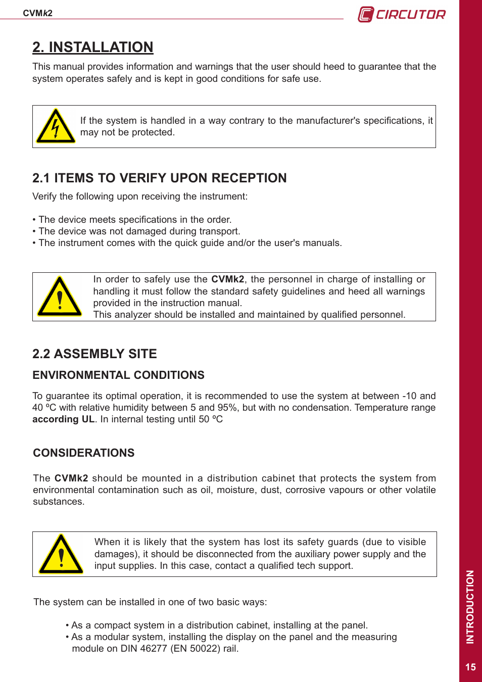 Installation, 1 items to verify upon reception, 2 assembly site | Environmental conditions, Considerations, 1 items to verify upon reception 2.2 assembly site | CIRCUTOR CVMk2 Series User Manual | Page 15 / 152