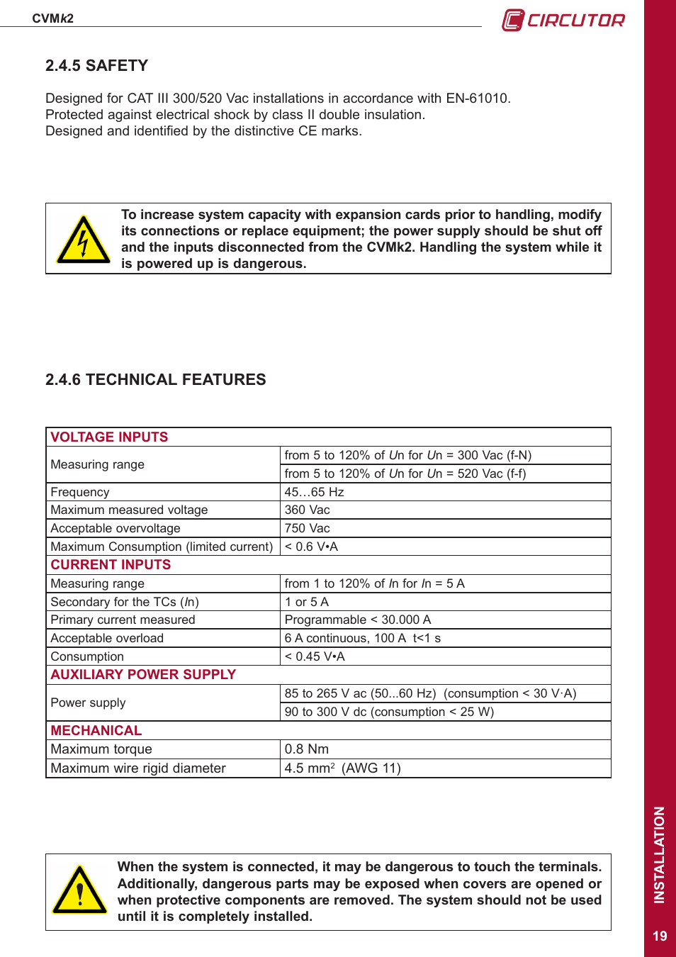 5 safety, 6 technical features | CIRCUTOR CVMk2 Series User Manual | Page 19 / 152