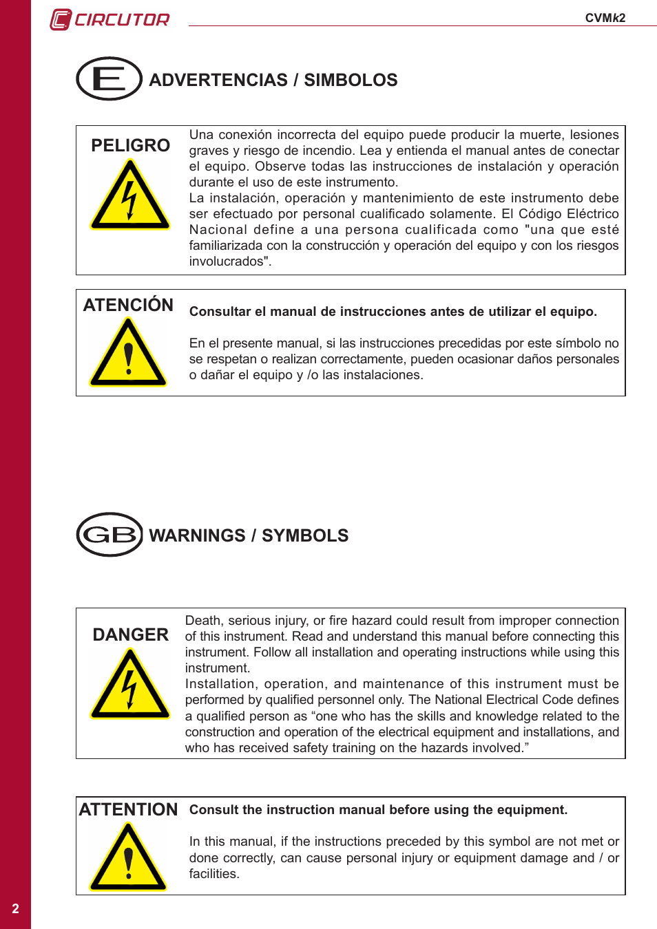 Peligro atención, Advertencias / simbolos warnings / symbols, Danger attention | CIRCUTOR CVMk2 Series User Manual | Page 2 / 152