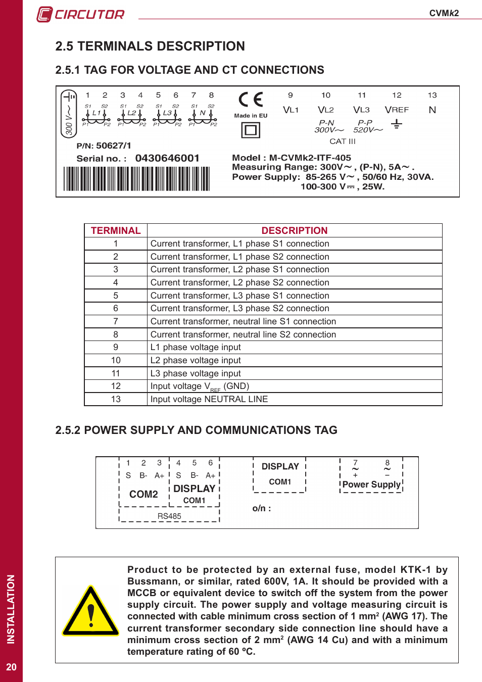 5 terminals description, 1 tag for voltage and ct connections, 2 power supply and communications tag | CIRCUTOR CVMk2 Series User Manual | Page 20 / 152
