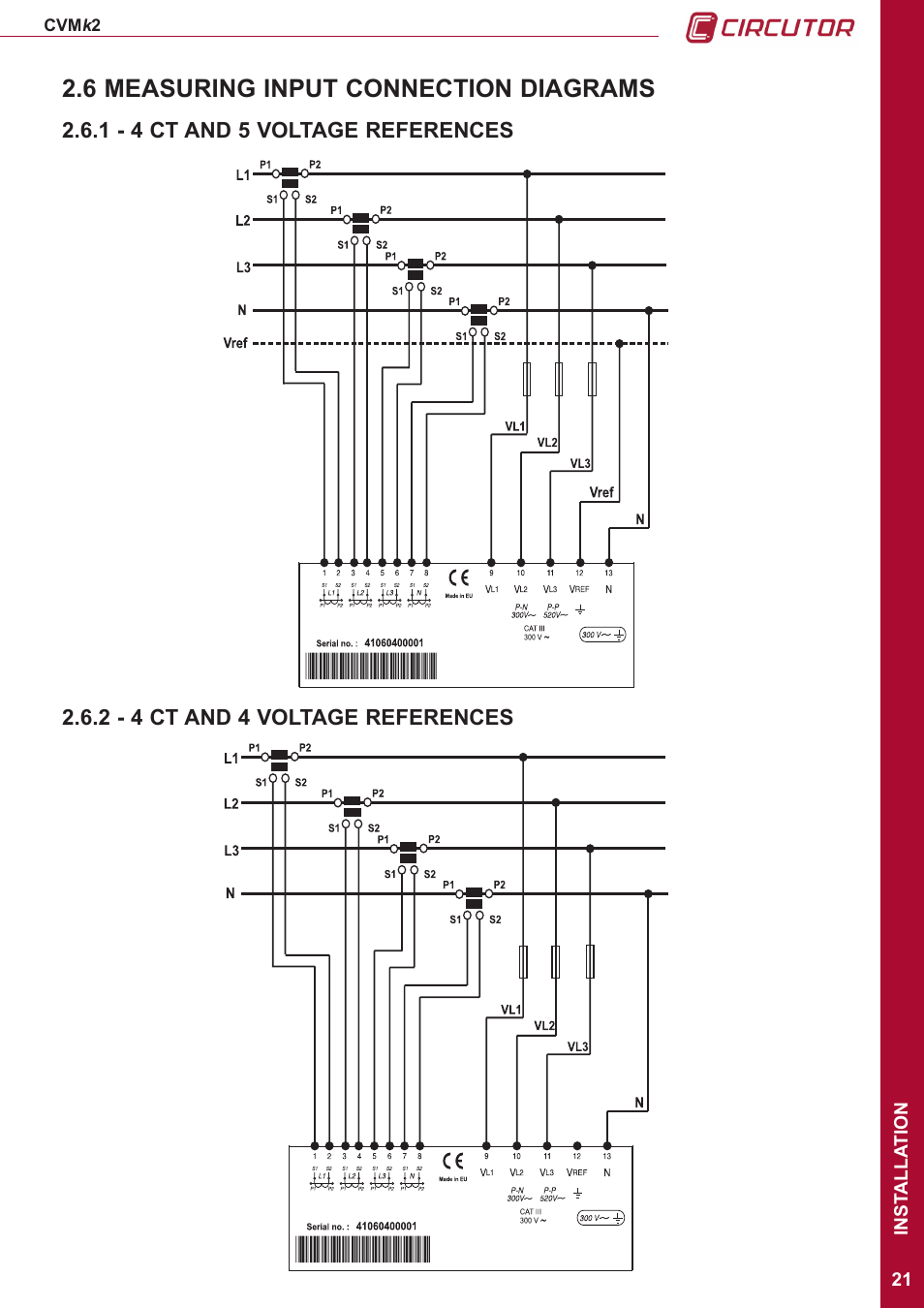 6 measuring input connection diagrams, 1 - 4 ct and 5 voltage references, 2 - 4 ct and 4 voltage references | CIRCUTOR CVMk2 Series User Manual | Page 21 / 152