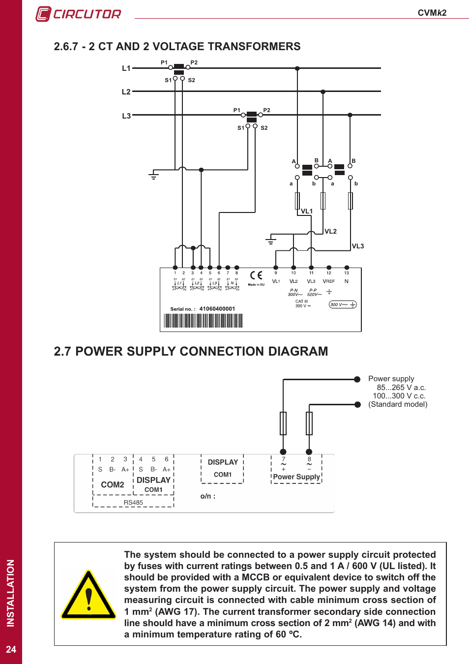 7 - 2 ct and 2 voltage transformers, 7 power supply connection diagram, Inst alla tion | CIRCUTOR CVMk2 Series User Manual | Page 24 / 152