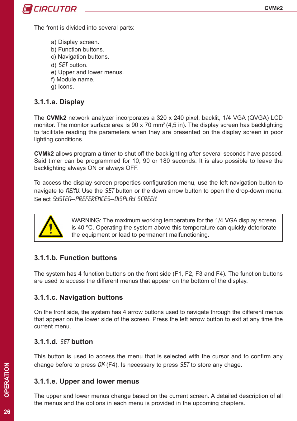 A. display, B. function buttons, C. navigation buttons | D. set button, E. upper and lower menus, Button | CIRCUTOR CVMk2 Series User Manual | Page 26 / 152
