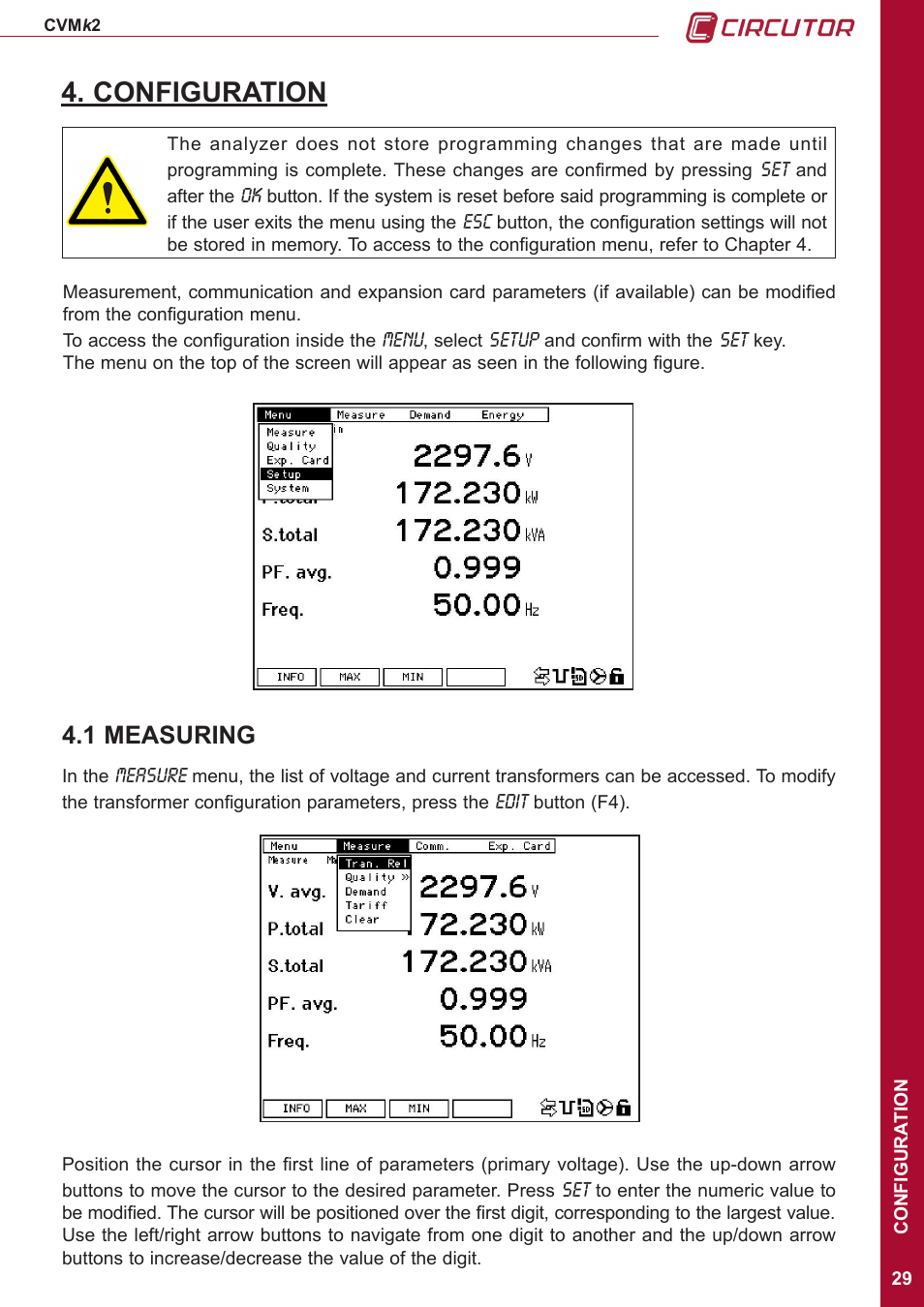 Configuration, 1 measuring | CIRCUTOR CVMk2 Series User Manual | Page 29 / 152