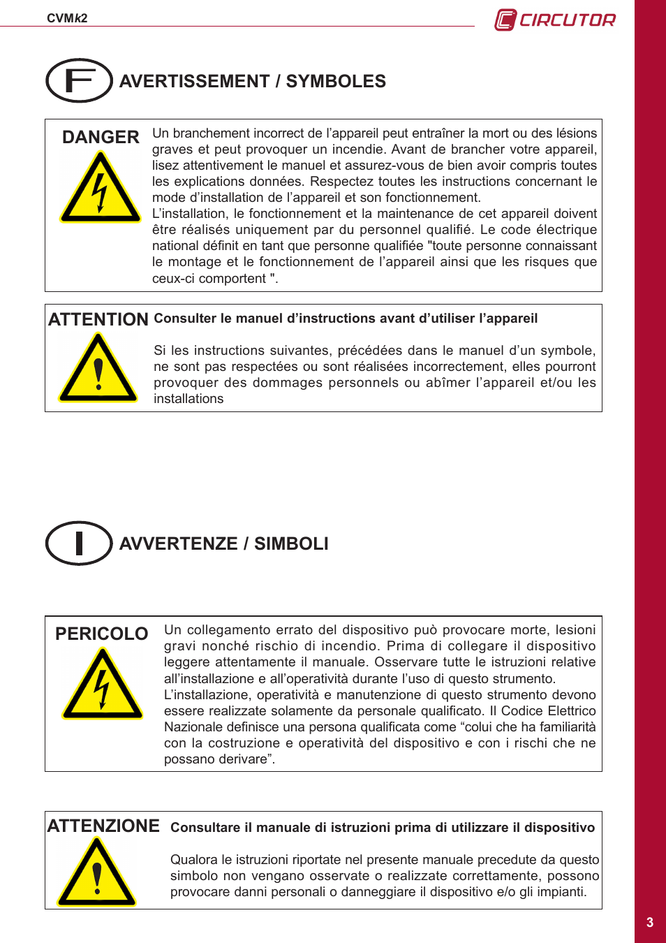 Avertissement / symboles, Danger attention, Avvertenze / simboli | Pericolo attenzione | CIRCUTOR CVMk2 Series User Manual | Page 3 / 152