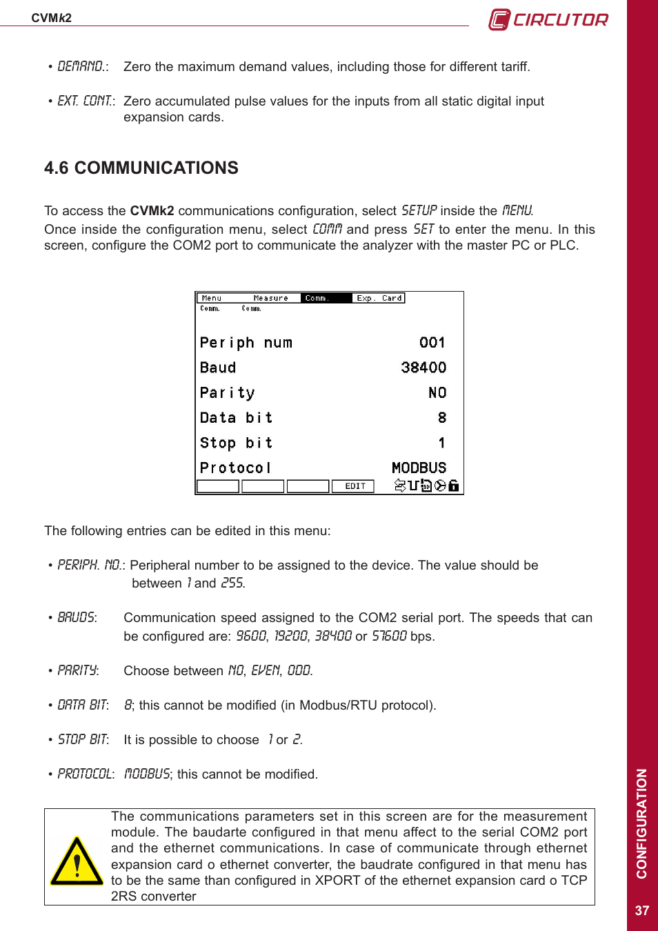 6 communications | CIRCUTOR CVMk2 Series User Manual | Page 37 / 152