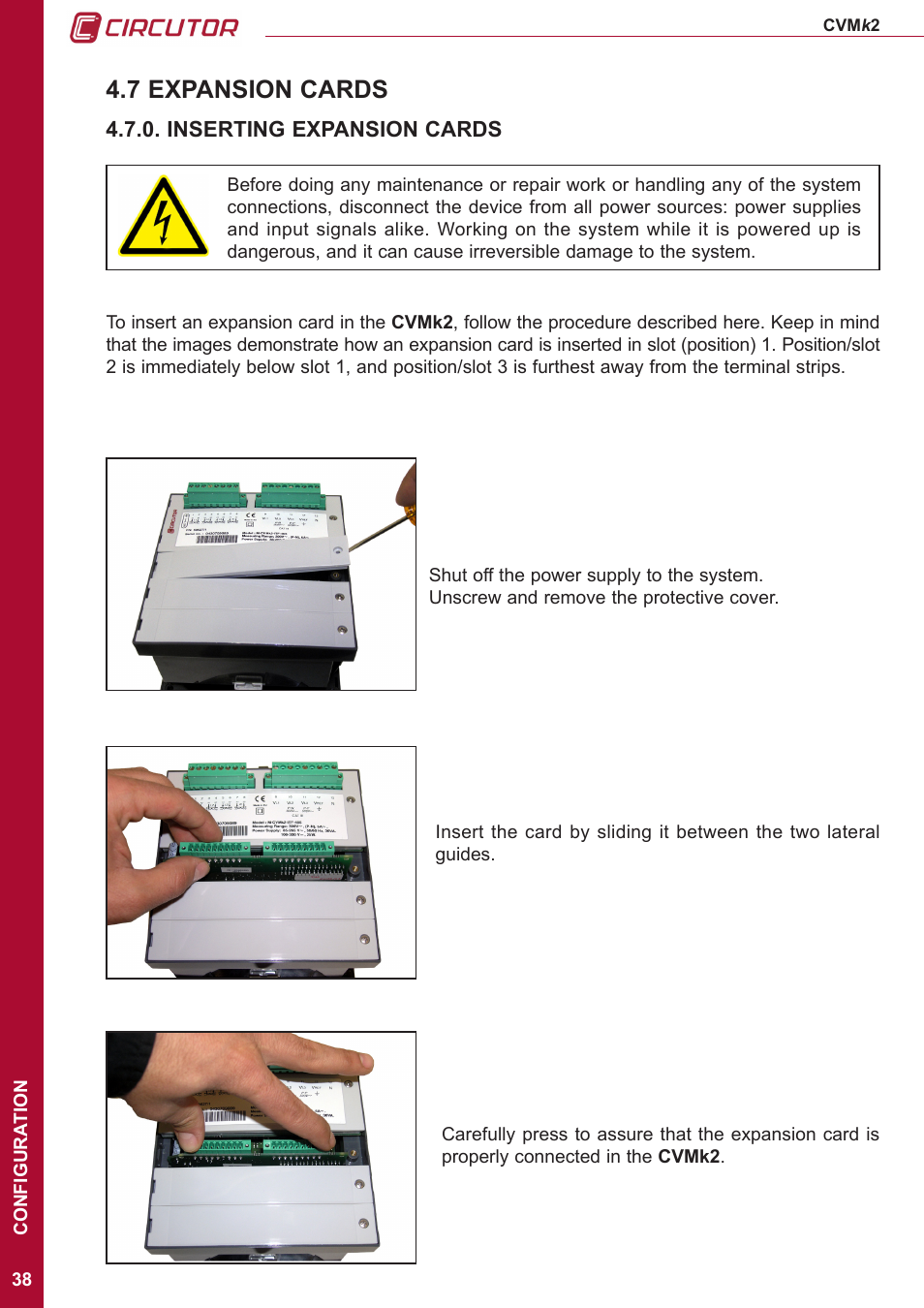 7 expansion cards, Inserting expansion cards | CIRCUTOR CVMk2 Series User Manual | Page 38 / 152
