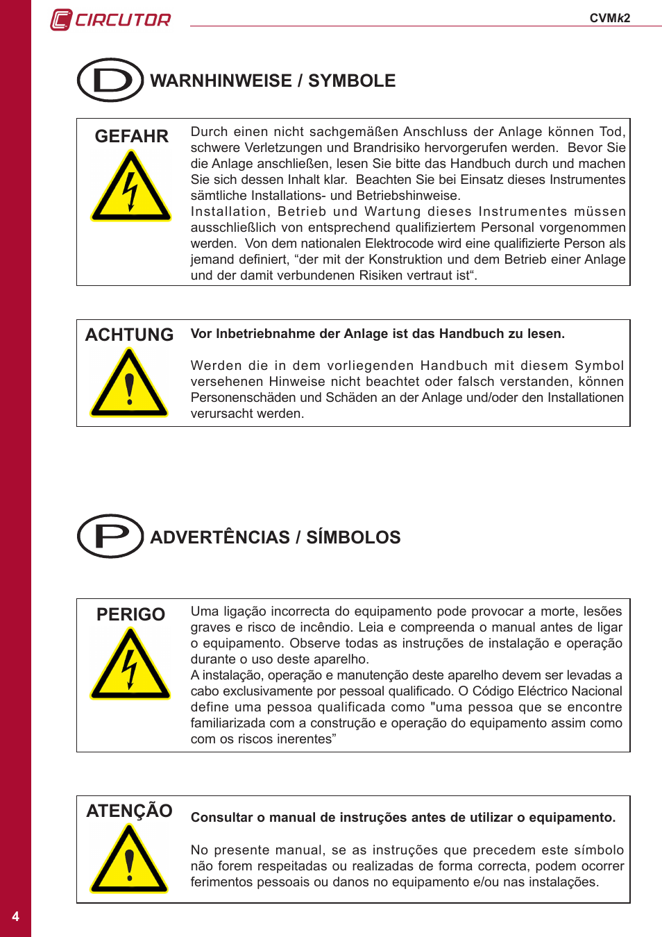 Warnhinweise / symbole, Gefahr achtung, Advertências / símbolos | Perigo atenção | CIRCUTOR CVMk2 Series User Manual | Page 4 / 152