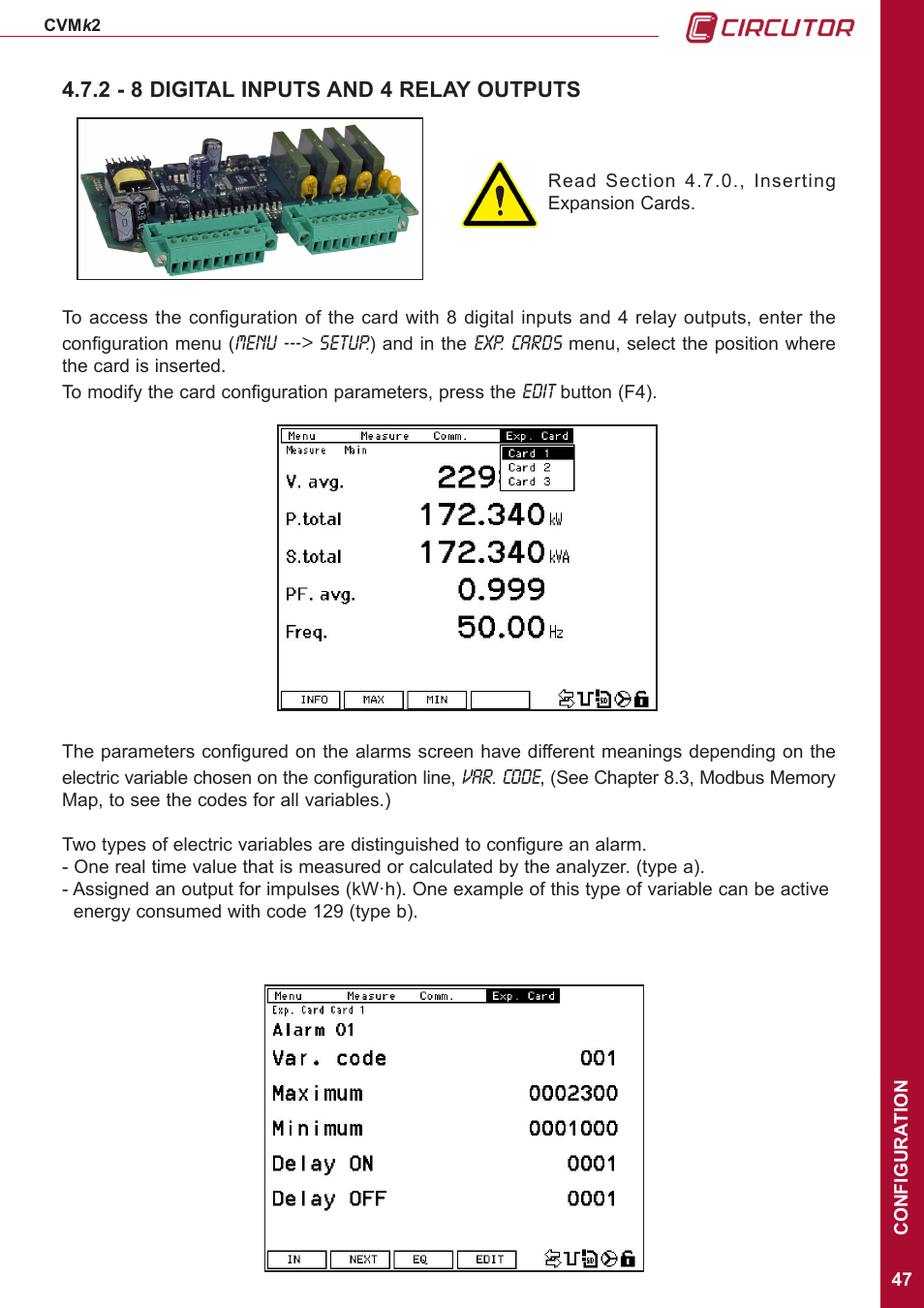 2 - 8 digital inputs and 4 relay outputs | CIRCUTOR CVMk2 Series User Manual | Page 47 / 152