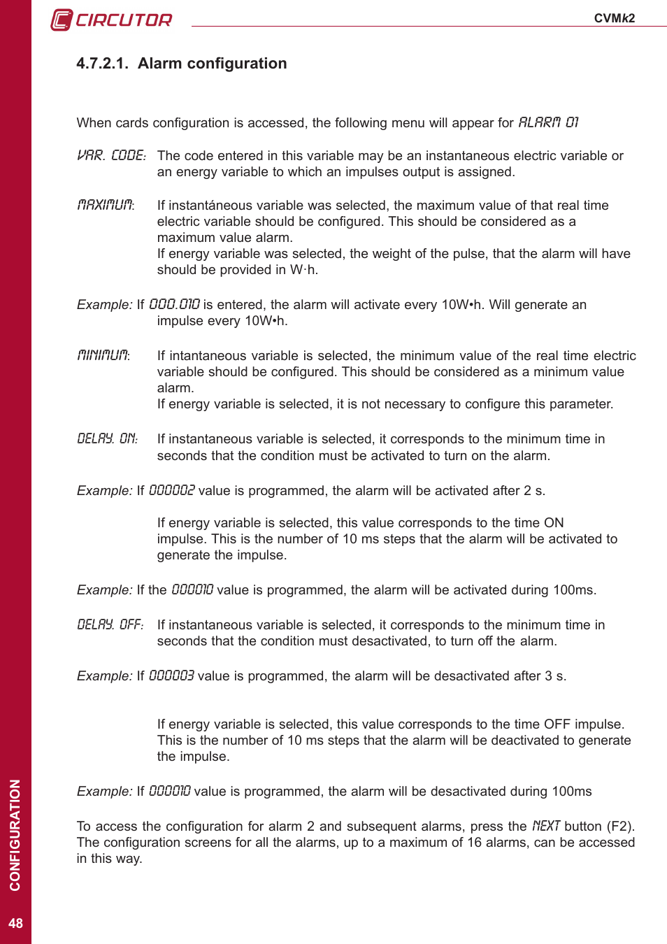 Alarm configuration | CIRCUTOR CVMk2 Series User Manual | Page 48 / 152