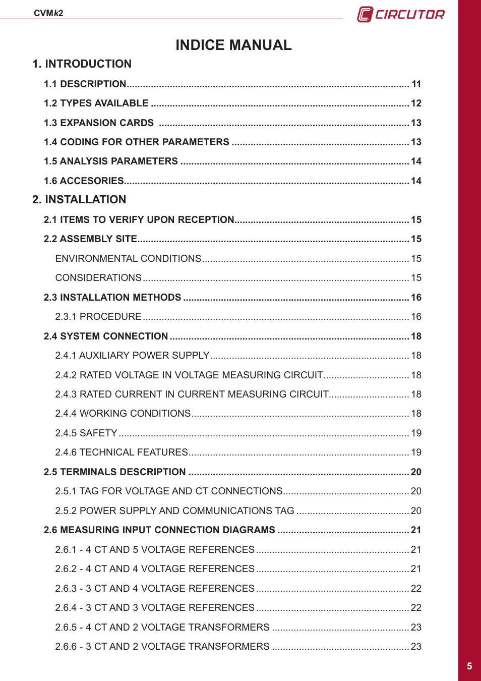 Indice manual | CIRCUTOR CVMk2 Series User Manual | Page 5 / 152