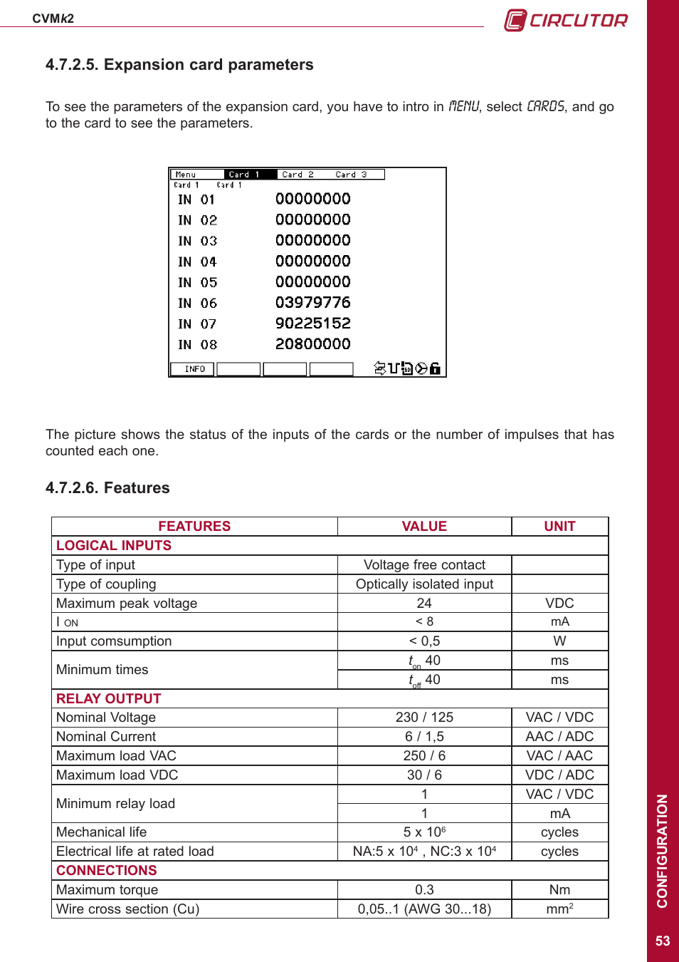 Expansion card parameters, Features, Menu | Cards | CIRCUTOR CVMk2 Series User Manual | Page 53 / 152