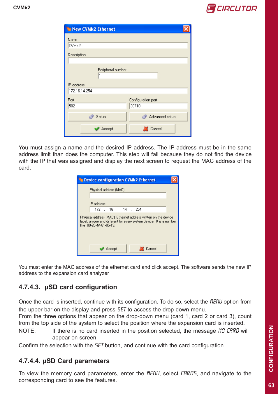 Sd card configuration, Sd card parameters, Μsd card configuration | Μsd card parameters | CIRCUTOR CVMk2 Series User Manual | Page 63 / 152