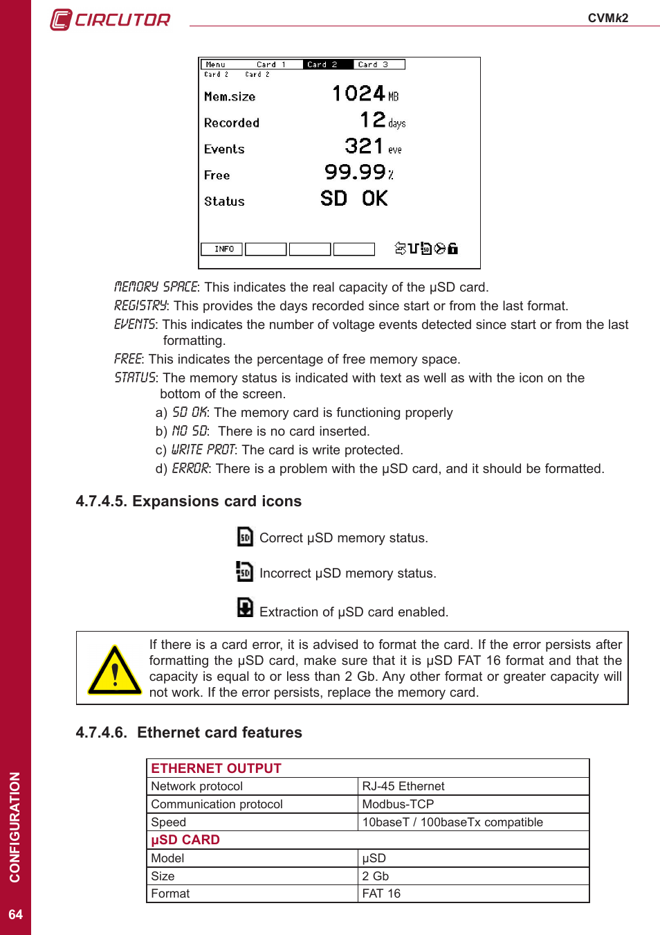 Expansions card icons, Ethernet card features | CIRCUTOR CVMk2 Series User Manual | Page 64 / 152