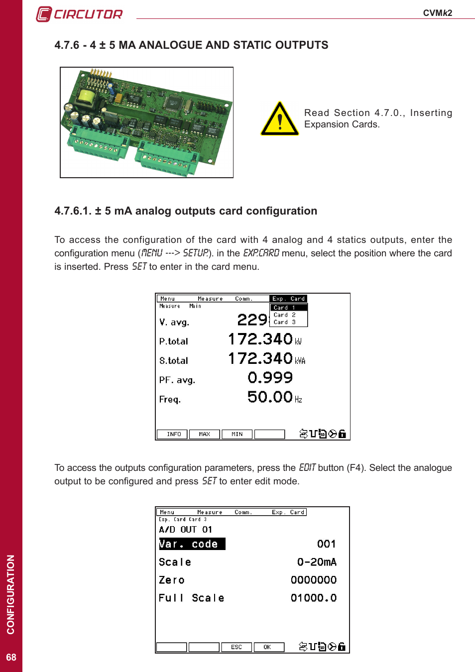 6 - 4 ± 5 ma analogue and static outputs, ± 5 ma analog outputs card configuration | CIRCUTOR CVMk2 Series User Manual | Page 68 / 152