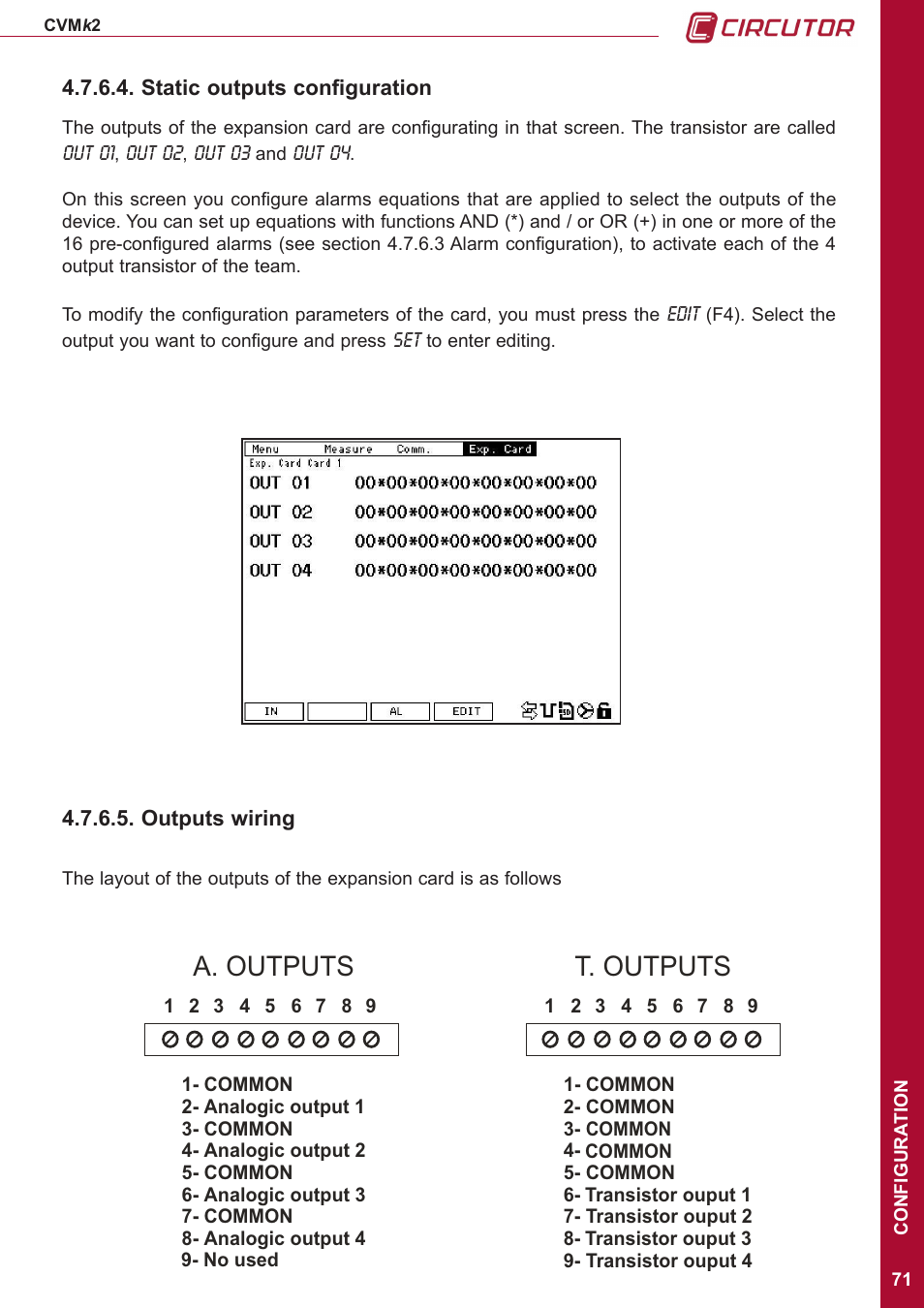Static outputs configuration, Outputs wiring, A. outputs t. outputs | CIRCUTOR CVMk2 Series User Manual | Page 71 / 152