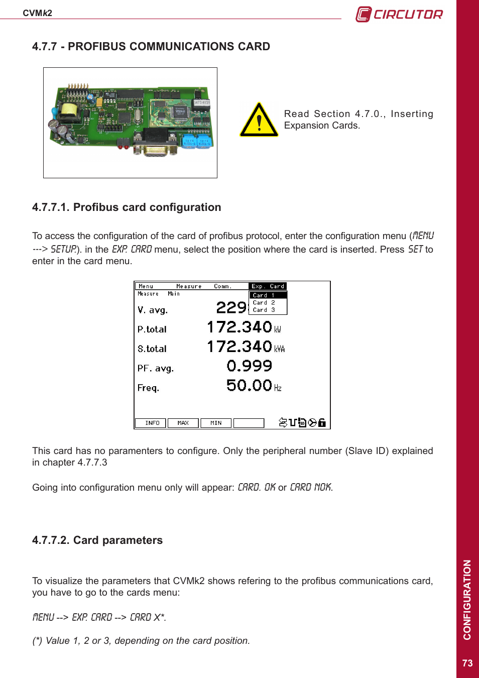7 - profibus communications card, Profibus card configuration, Card parameters | CIRCUTOR CVMk2 Series User Manual | Page 73 / 152