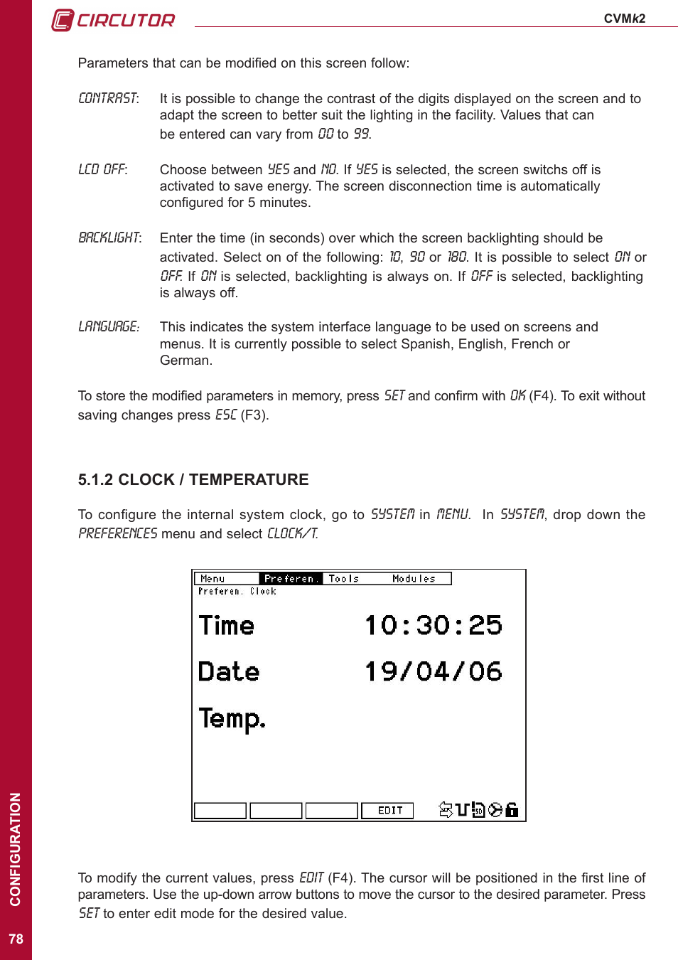 2 clock / temperature | CIRCUTOR CVMk2 Series User Manual | Page 78 / 152